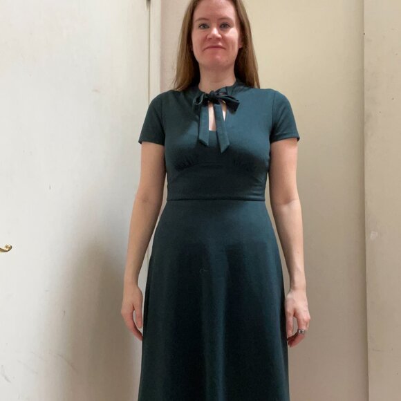 ModCloth Dark Green Midi Dress | Keyhole Neckline & Bow Tie | Size S - Picture 5 of 8